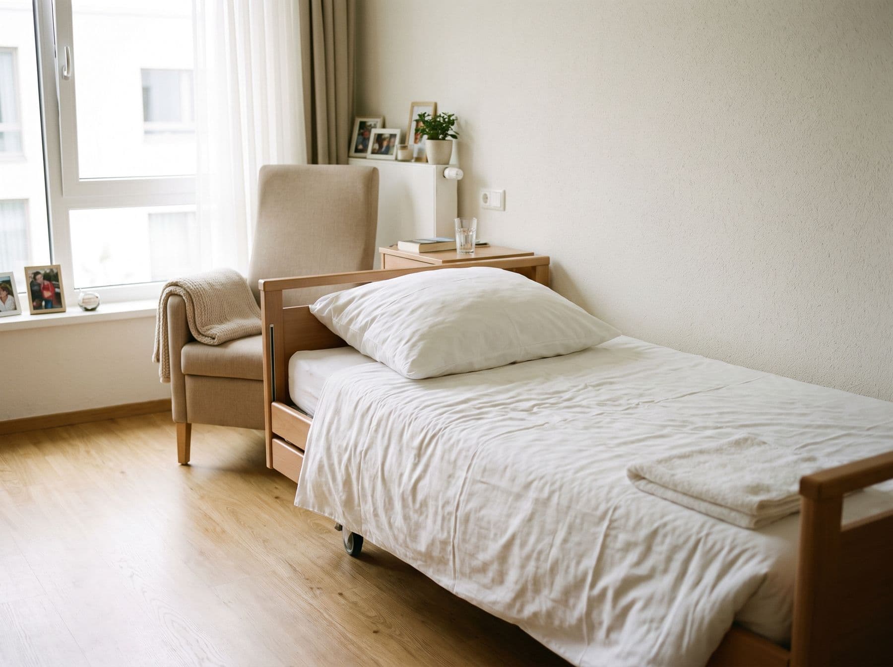 Wohnliches Bewohnerzimmer im Pflegeheim mit weißer Bettwäsche